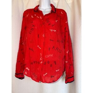 Maeve Anthropologie Paris Print Blouse Size 10 Red Button Front Top